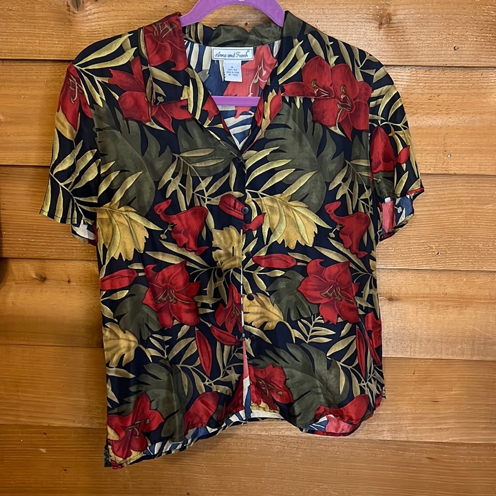 Vintage Anna & Frank 100% Silk Floral Blouse Button Collar Shirt Hawaiian